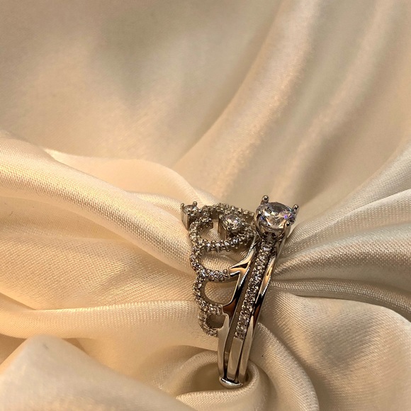925 Sterling Silver Crown CZ Engagement Ring Set - Picture 10 of 14
